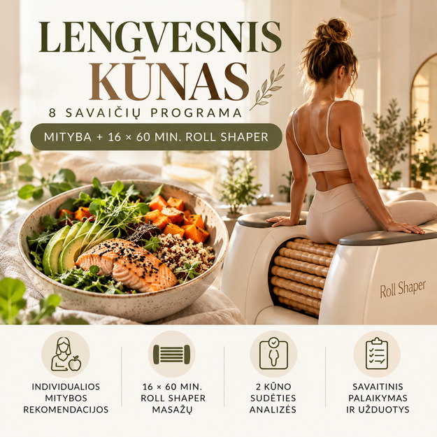 8 savaičių „Lengvesnis kūnas“ programa – mityba + 16 × 60 min. Roll Shaper